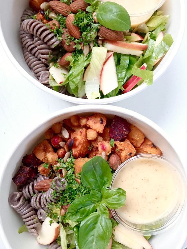 MINT BOWL Buckwheat pasta with honey-curry roasted root vegetables &amp; chickpeas, mixed raw salad, grapes, toasted seeds. Your choice vinaigrette and extras. 1l bowl.