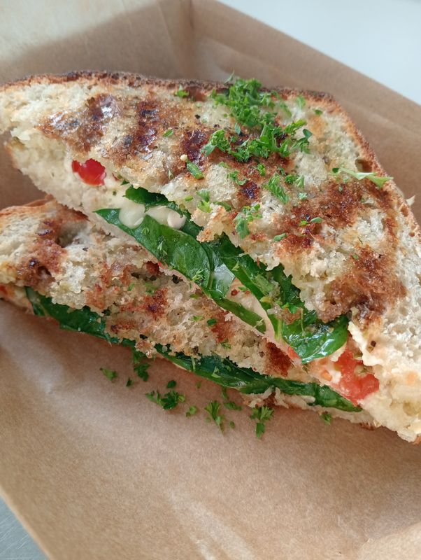 TOASTIE OF THE DAY with our homemade sourdough bread, three cheeses, spinach and changing vegetarian filling. Be surprised.  *depending on when you are eating it it may have to be re-toasted