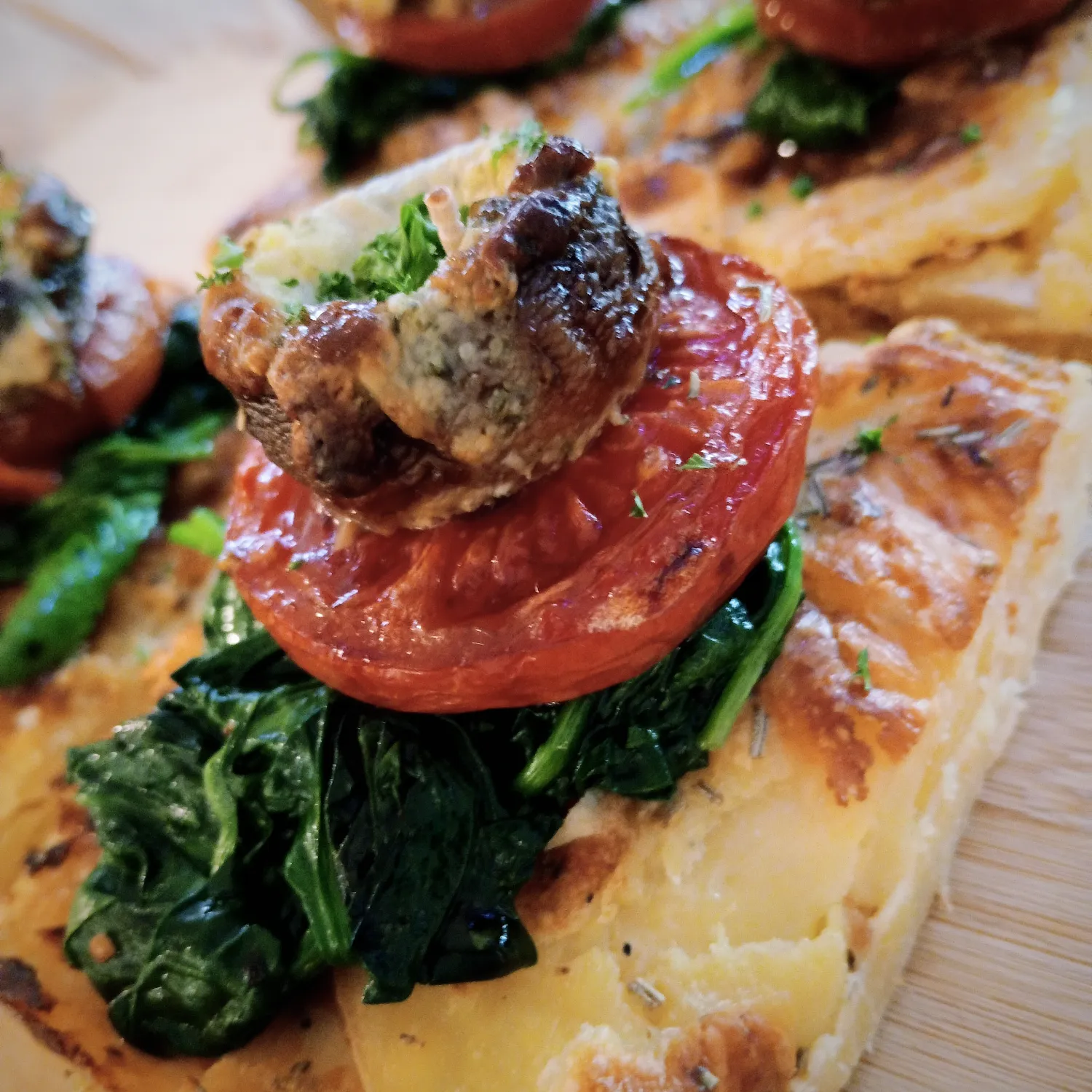 POTATO GRATIN STACK with spinach, roasted mushroom filled with herbed cheese, roasted tomato and our rainbow side salad.
