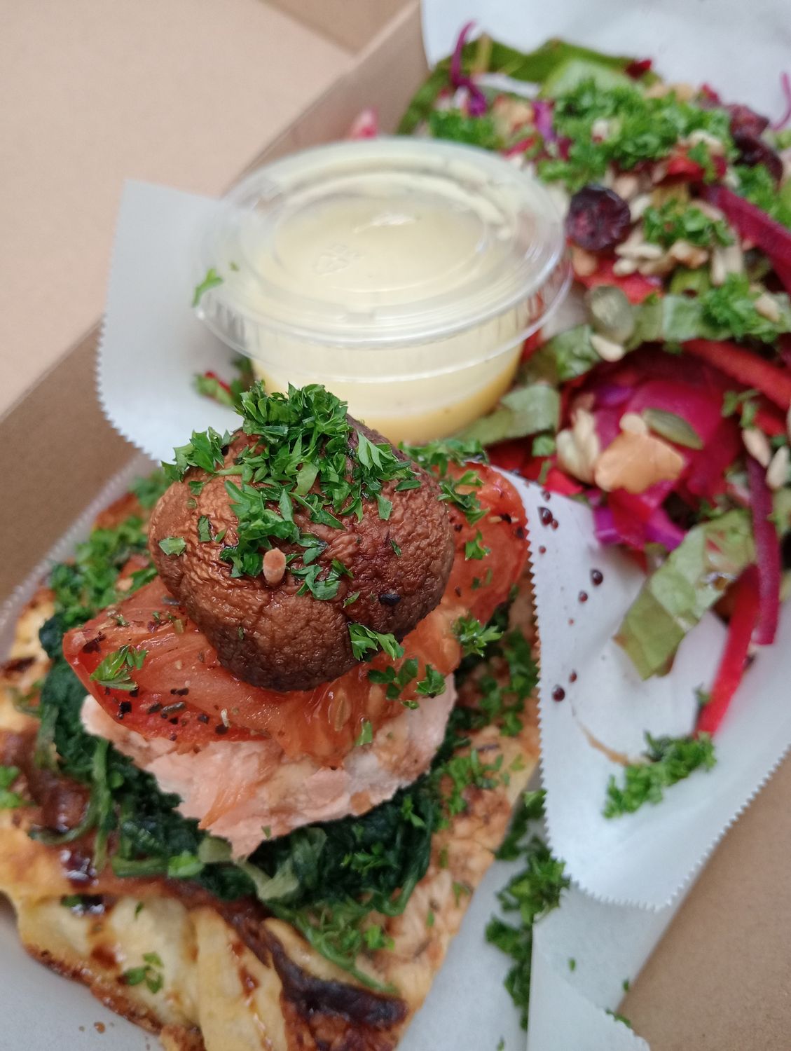 POTATO GRATIN STACK with spinach, roasted mushroom, roasted tomato and our rainbow side salad. Optional salmon.
