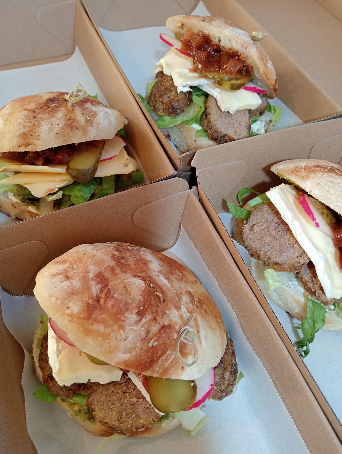 SOURDOUGH BUN with cream cheese, pesto, mustard, lettuce, homemade chutney, radish, gherkin, Camembert. Choose from Swiss cheese ,Falafel or egg. Suitable for the sandwich press.