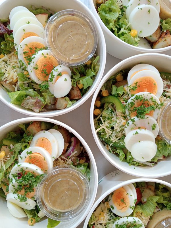 SPUD BOWL roasted potato salad with cos, capsicum, apple, radish, red onion, corn, gherkins and a boiled free range egg. Dill-white wine vinegar- olive- honey-cumin vinaigrette.
