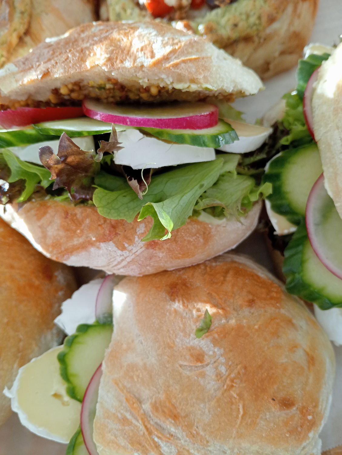 SOURDOUGH BUN with salad greens, cucumber, radish, gherkin and your chosen filling. Suitable for the sandwich press.