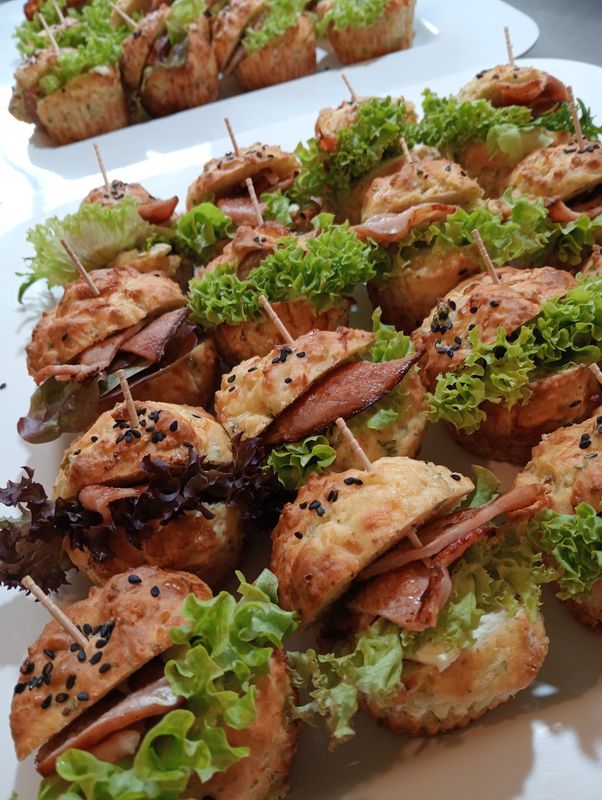 12x Cheese and onion muffins filled with cream cheese, free range bacon and lettuce