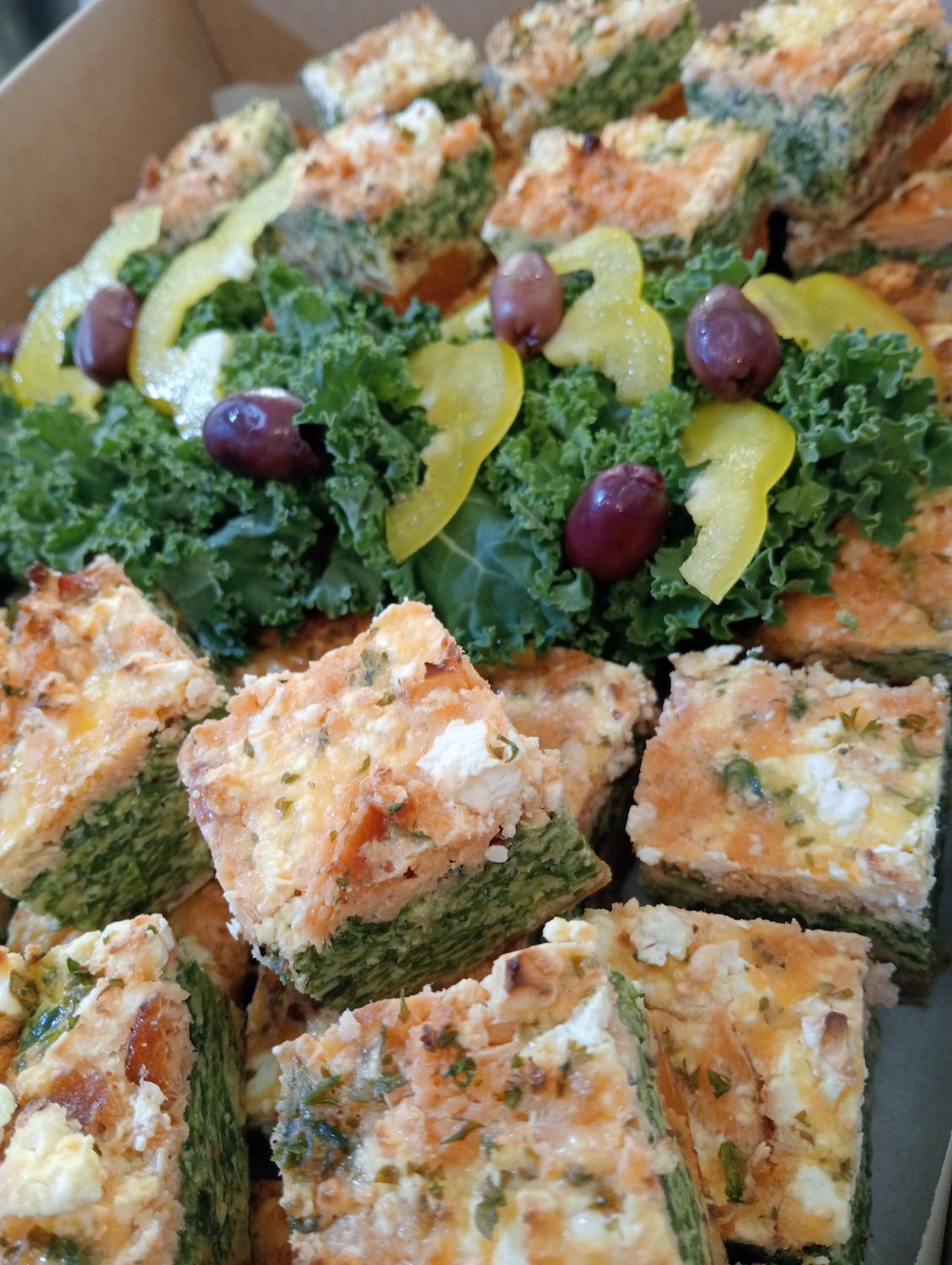 Hot smoked salmon, potato, spinach and feta frittata bites. Small or large...