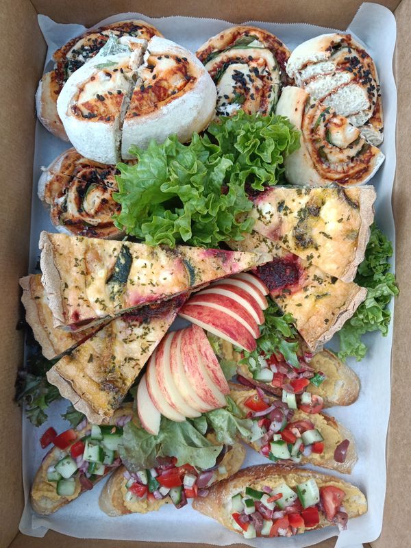 VEGETARIAN DELIGHT PLATTER for five people. With savoury scrolls, sourdough bruschetta, vegetarian buckwheat quiche.
