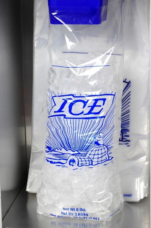 12 X 19 + 4 BG + 1 1/2 LP Printed 10 lb. Ice Bag on Header -- use with Ice Bagger 1.25 mil 1,000/cs