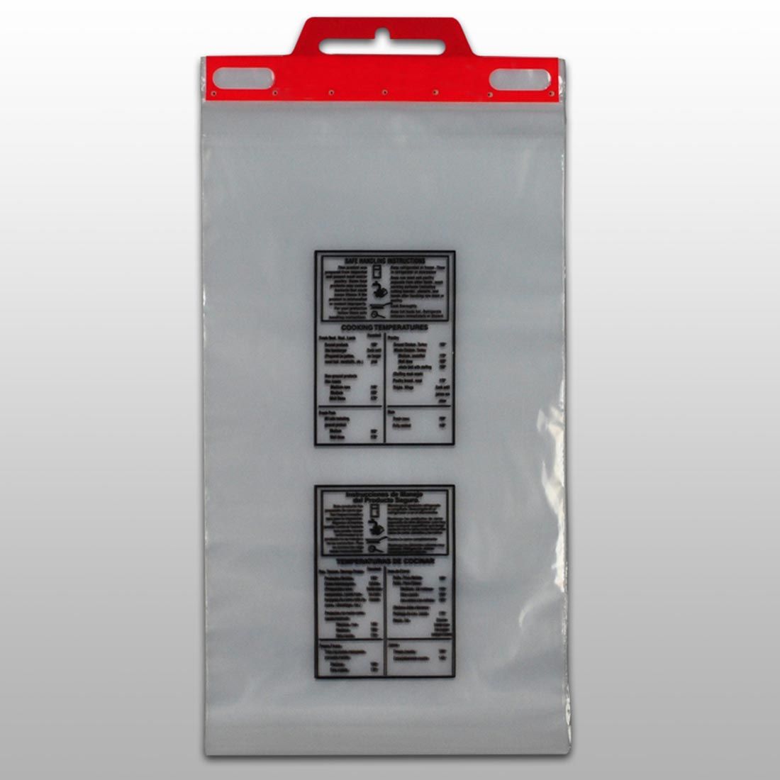 9 X 15 + 2 LP Printed "Safe Handling" Meat Bag on Plastic Header 1.5 mil 1,000/cs| Prism Pak
