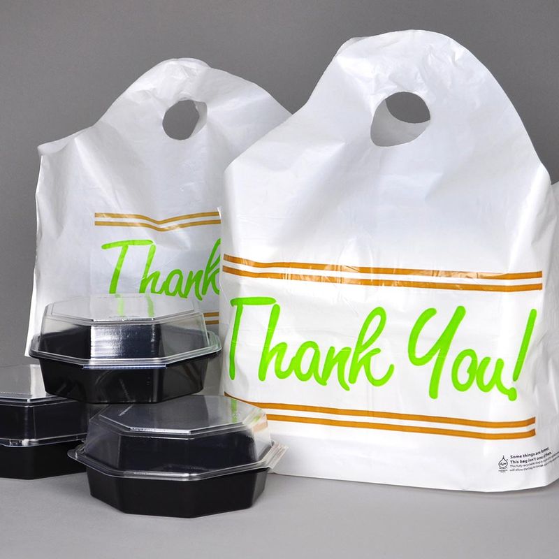 19" x 18" + 9.5"BG 1.5 mil Printed "Thank You" Take Out Bag w/ Wave Top Handle, 500/CS