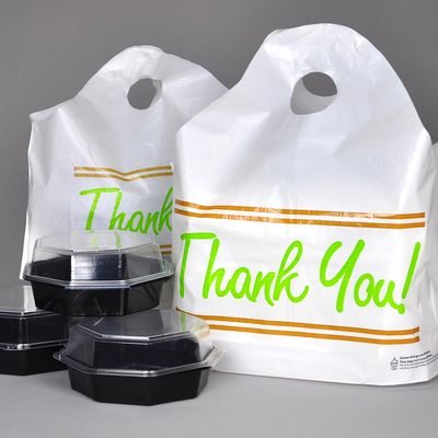 19" x 18" + 9.5"BG 1.5 mil Printed "Thank You" Take Out Bag w/ Wave Top Handle, 500/CS