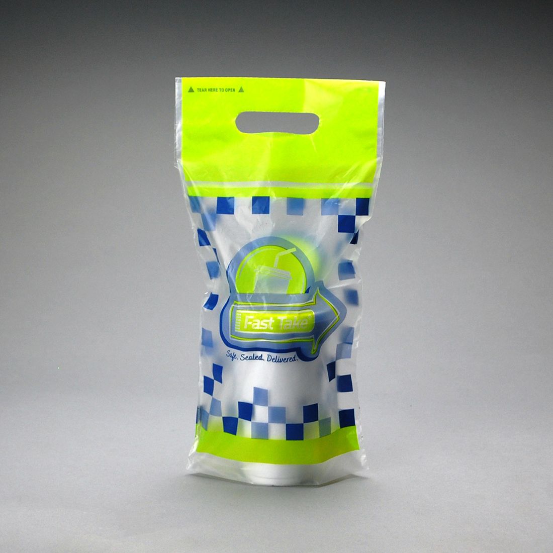 7" X 14" + 2.5"BG + 3.5"LP 1 mil Fast Take Tamper-Evident 1-drink Beverage Carrier Printed, 1,000/CS