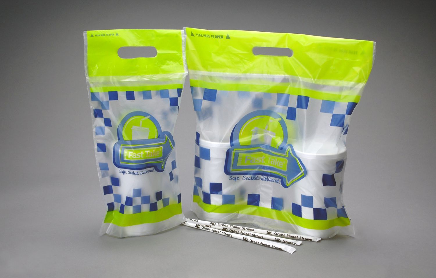 14" x 14" + 2.5"BG + 3.5"LP 1 mil Fast Take® Tamper-Evident 2-drink Beverage Carrier, Printed, 1000/CS