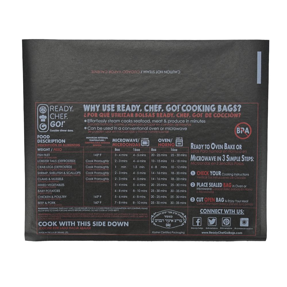 10.8" x 7.9" Ready. Chef. Go!® Heat Seal Cooking Bags for Microwave or Oven - Black/Printed, 250/CS