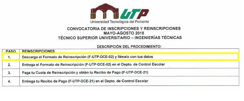 Reinscripción Mayo-Agosto 2018