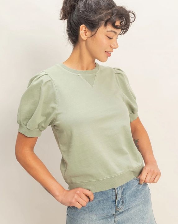 Puff Sleeve V-Stitch Crew Neck Top
