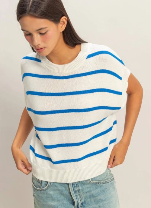 Striped Crew Neck Knit Top - Blue