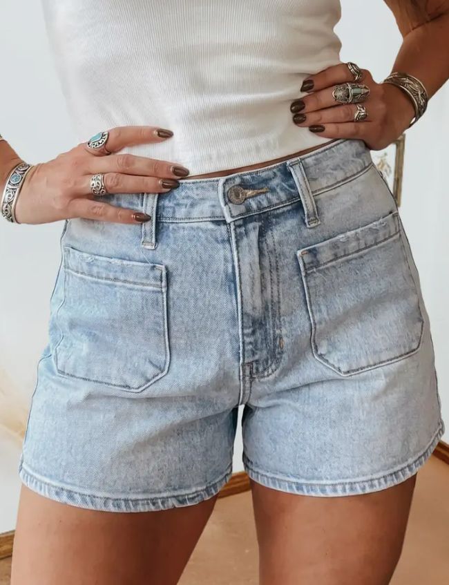 Cotton Light Wash High Rise Denim Shorts