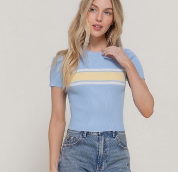 Short Sleeve Crew Neck Multi Striped Knit Top
