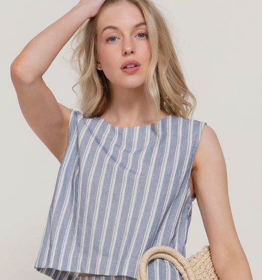 Sleeveless Striped Knit Top with Back Bow Detail
