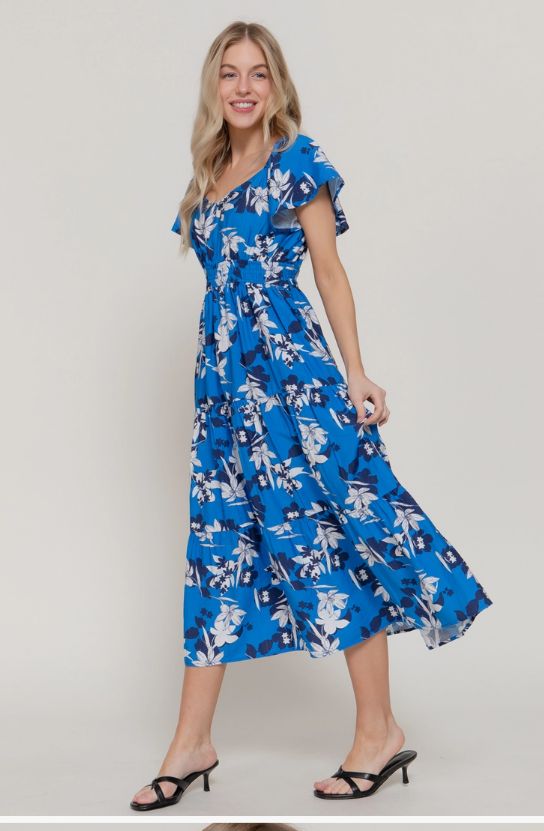 Short Flutter Sleeve V-Neck Maxi Printed Dress