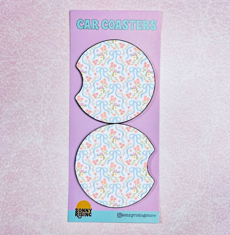 Car Coasters, Blue Bow Floral Pattern Car Coasters, Blue Bow Floral Pattern