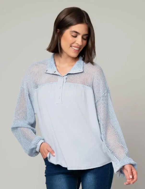Mesh Henley Balloon Sleeve Top