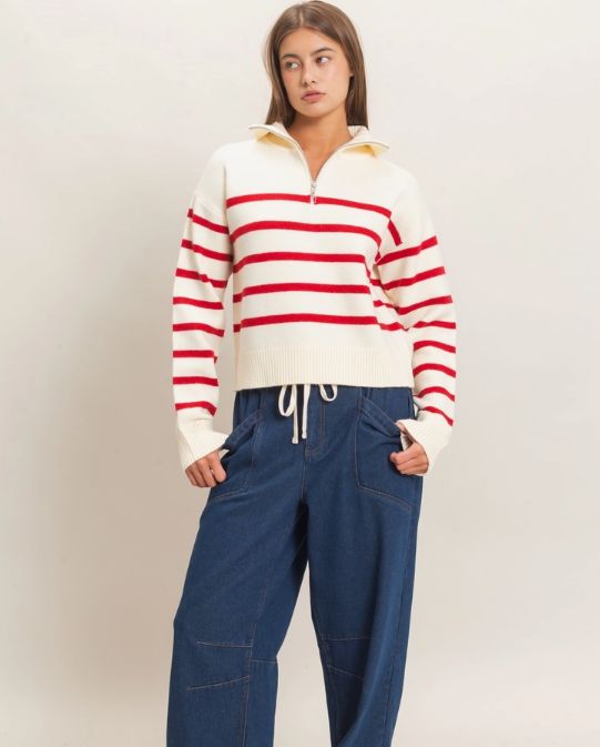 Half-Zip Collared Stripe Sweater