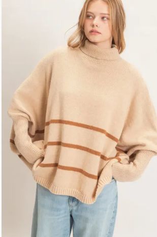 Striped Turtleneck Poncho Sweater