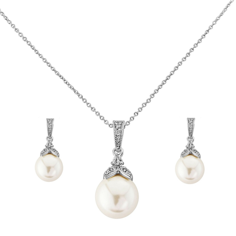 Cubic Zirconia Collection - Precious Pearl Necklace Set - Ivory