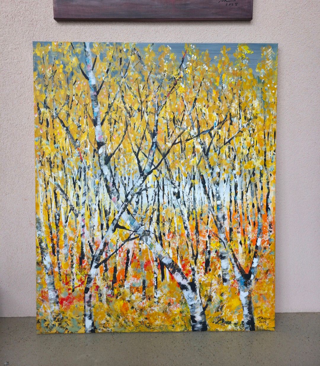 Kultainen metsä. Akryylimaalaus pellavakankaalle, 120x100x3cm