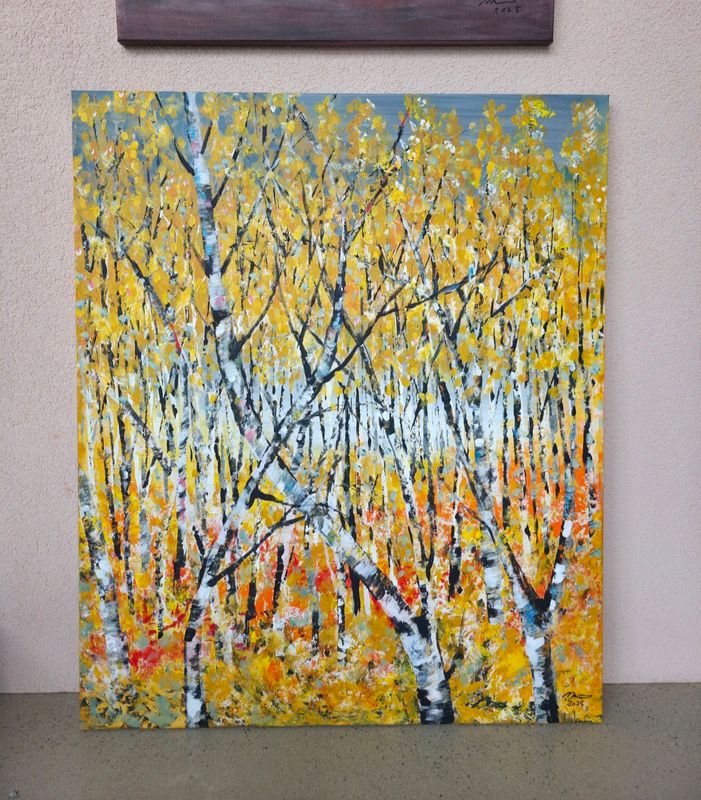 Kultainen metsä. Akryylimaalaus pellavakankaalle, 120x100x3cm