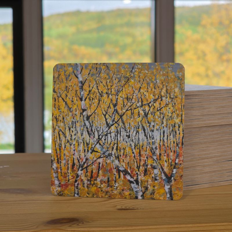 Koivuinen lasinalunen &quot;Kultainen metsä&quot; 10x10cm. Tuotekuvat tulossa.