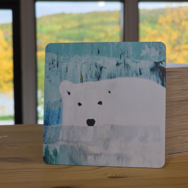 Koivuinen lasinalunen &quot;Jääkarhu&quot; 10x10cm. Tuotekuvat tulossa.