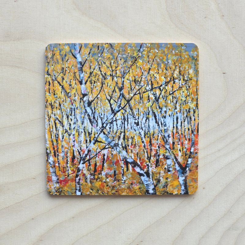 Koivuinen lasinalunen &quot;Kultainen metsä&quot; 10x10cm