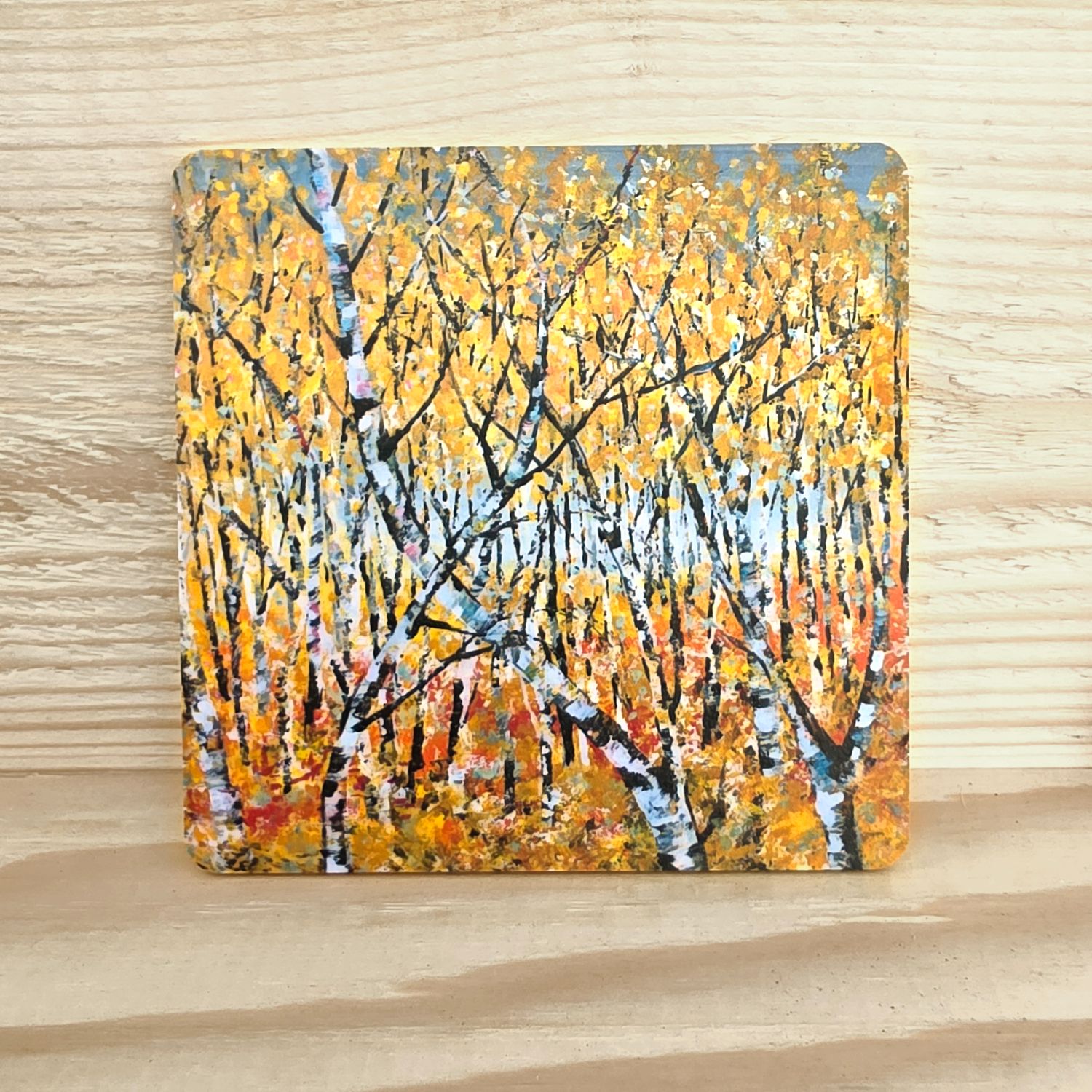 Koivuinen lasinalunen "Kultainen metsä" 10x10cm