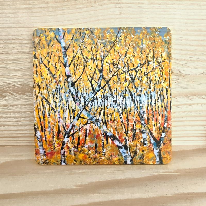 Koivuinen lasinalunen "Kultainen metsä" 10x10cm