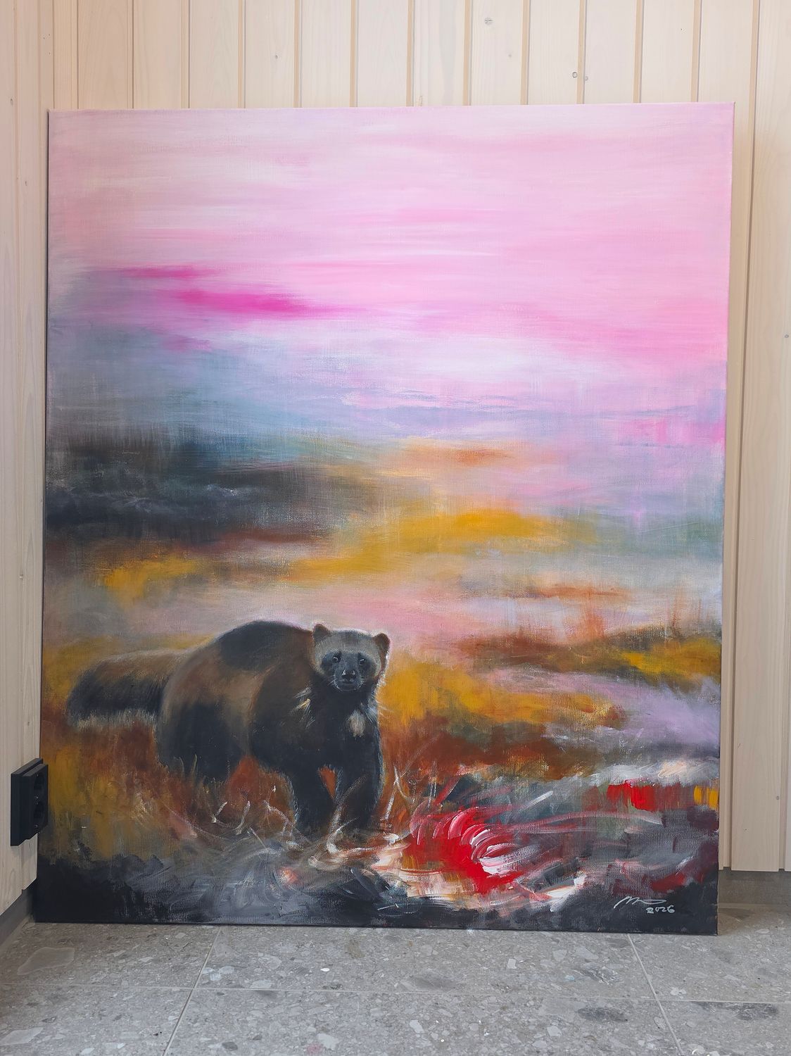 "Ahma". Akryylimaalaus pellavakankaalle, 120x100x3cm