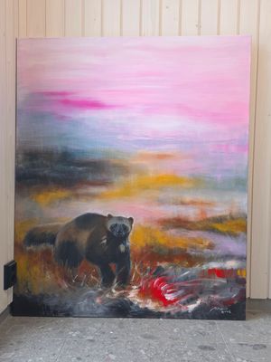 "Ahma". Akryylimaalaus pellavakankaalle, 120x100x3cm. Viety kehystykseen ja tulee myyntiin myöhemmin.