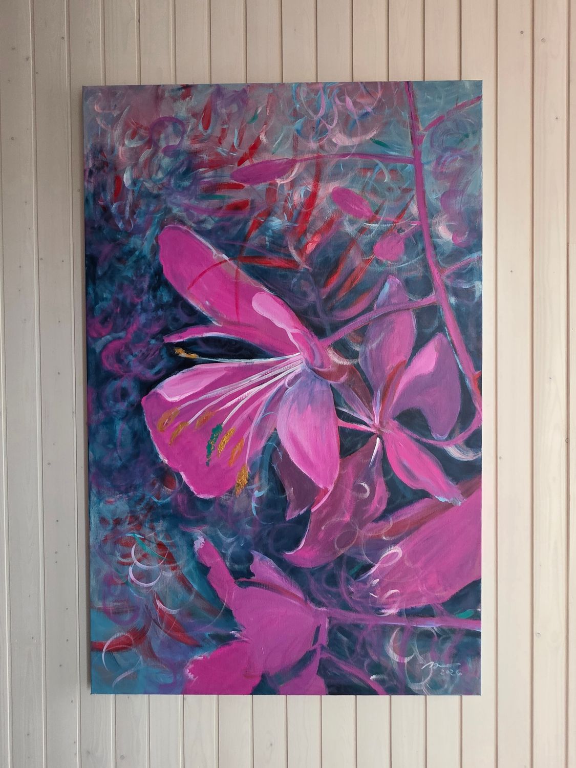 "Kulkurin kukka" Akryylimaalaus pellavakankaalle, 90x140cm