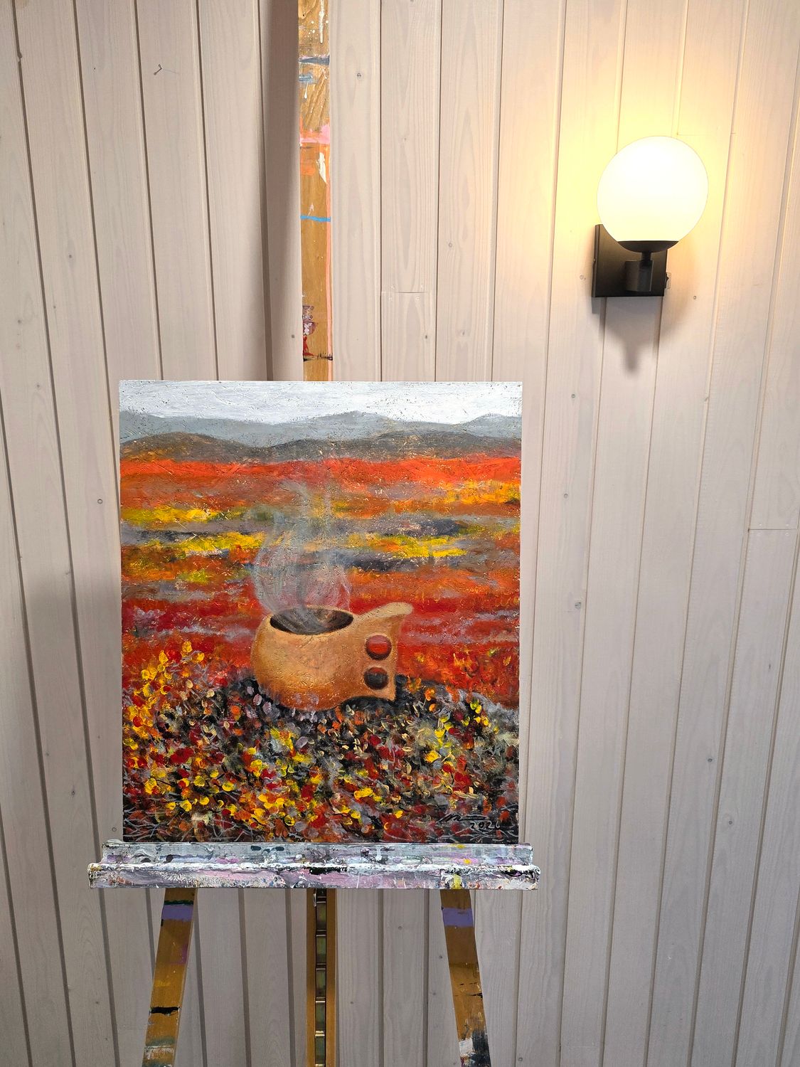 "Kahvipaussi" 60x51.5x1cm. Akryylimaalaus vanerille