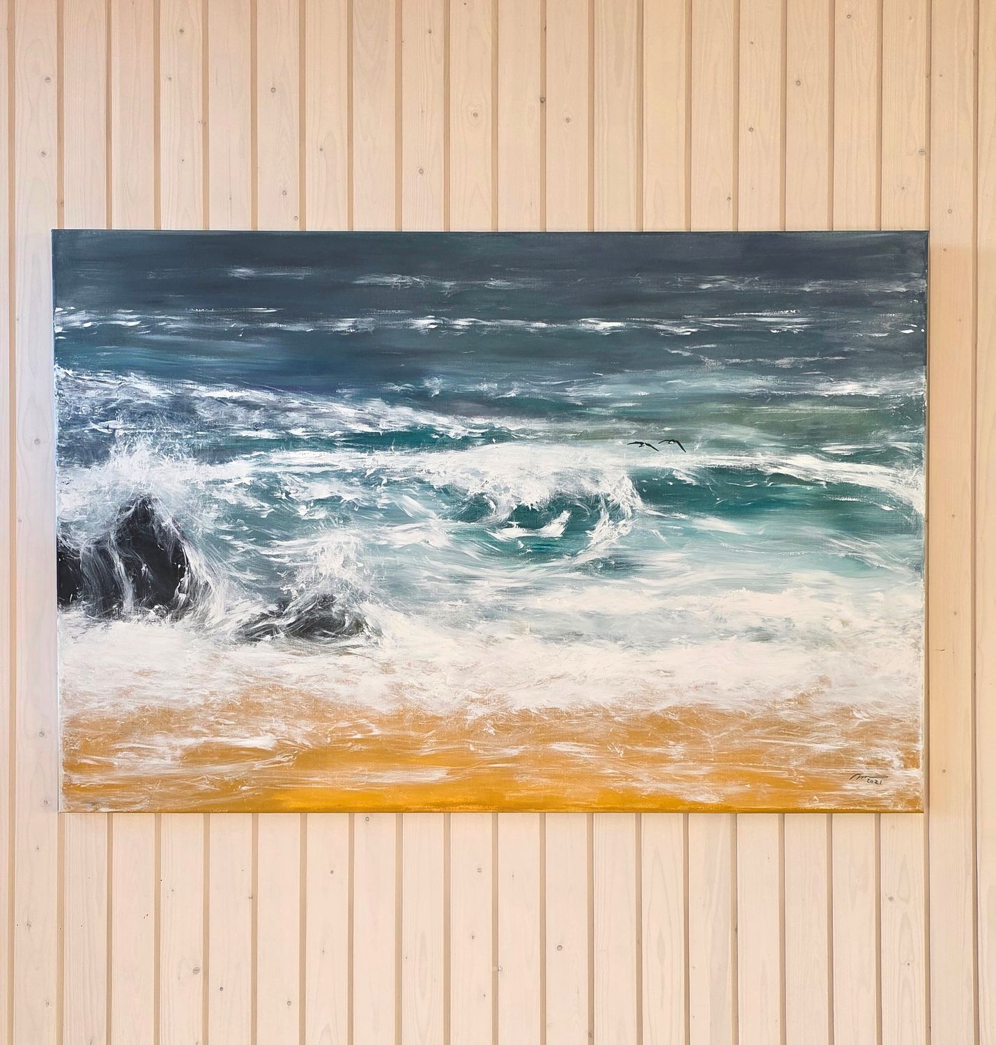 "Myrsky" 150x100x3cm. Akryylimaalaus kankaalle. Vanhat kiilapuut vaihdettu uusiin.