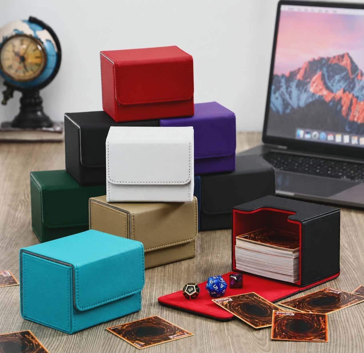 Premium magnetic leather trading card deck box-holds 100+ sleeved cards/ soft microfiber lining
