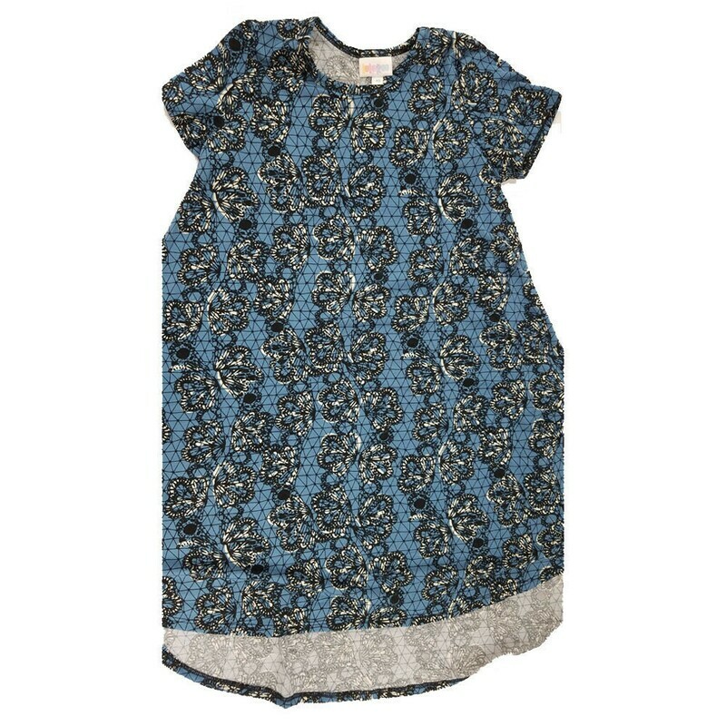 Kids Scarlett LuLaRoe Floral Blue Black White Geometric Swing Dress Size 10 fits kids 8-10