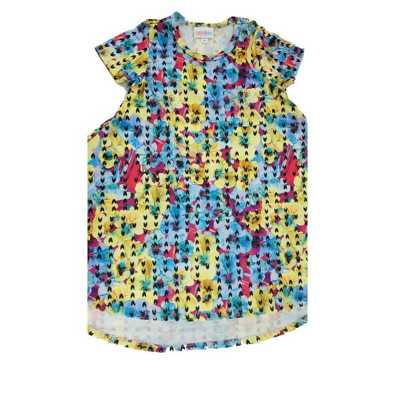 Kids Scarlett LuLaRoe Yellow Light Blue Red Floral Geometric Swing Dress Size 4 fits kids 3-4
