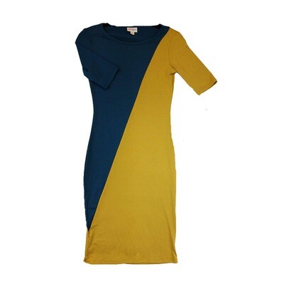 LuLaRoe JULIA XX-Small XXS Solid Navy and Mustard Yellow Form Fitting Dress fits sizes 00-0