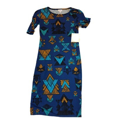LuLaRoe JULIA XX-Small XXS Blue, Black, Orange Chevron Geometric Form Fitting Dress fits sizes 00-0