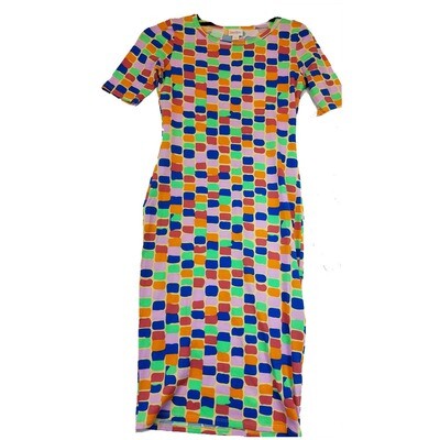 LuLaRoe JULIA XX-Small XXS Green, Pink, Blue and Red Square Polka Dot Stripe Geometric Form Fitting Dress fits sizes 00-0