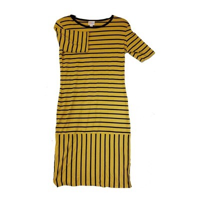 LuLaRoe JULIA Medium M Yellow and Black Stripe Form Fitting Dress fits sizes 8-10