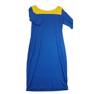 LuLaRoe JULIA Medium M Solid Blue with Yellow Neckline Form Fitting Dress fits sizes 8-10