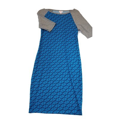 LuLaRoe JULIA Small S Blue Geometric Stripe with Grey Sleeves Form Fitting Dress fits sizes 4-6